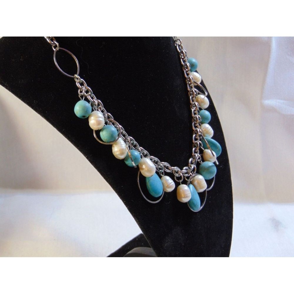 LIA SOPHIA STATEMENT NECKLACE WOMEN 19IN SILVER TURQUOISE PEARL EXCELLENT DANGLE - Picture 6 of 6